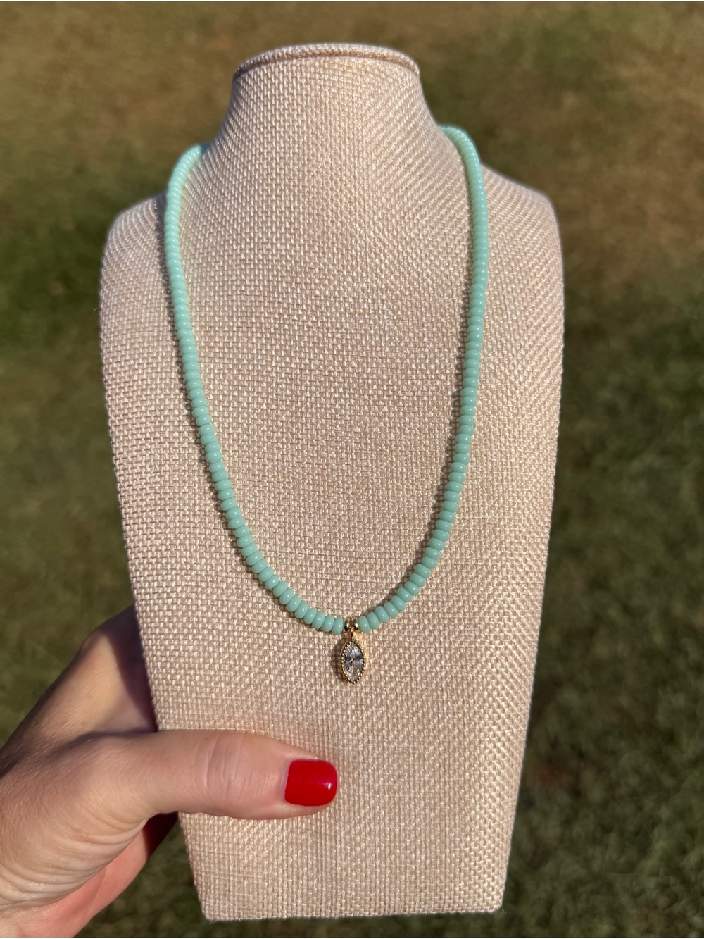 Hand Crafted Aquamarine Bead Necklace with Gold Crystal Charm